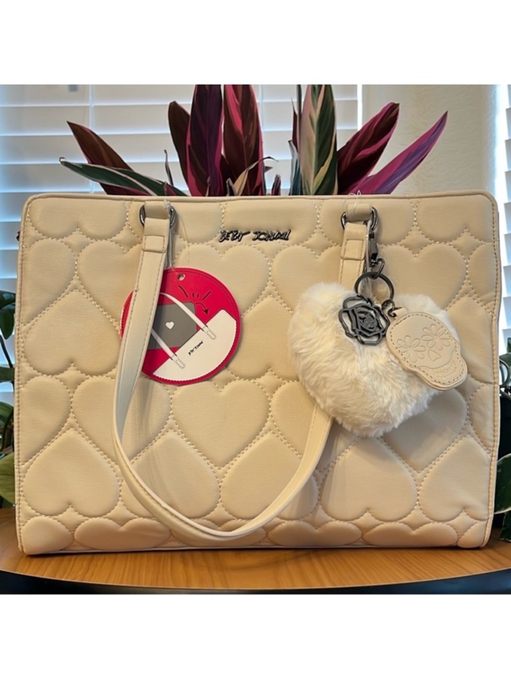 Betsey Johnson Cream Quilted Heart Tote with Fur Charm and Skull Tag